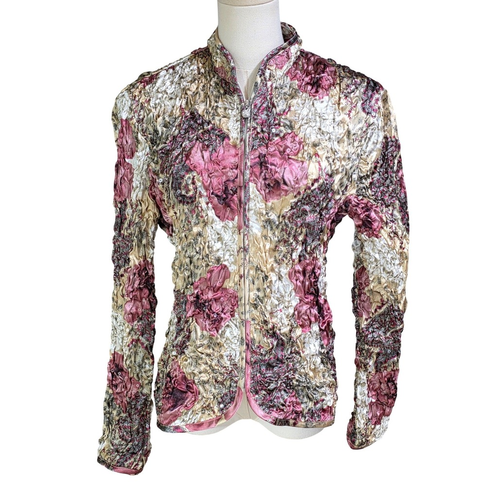 MSK Floral Zip Up Jacket Womens Medium Pink Gold Excellent Crinkle Sequin Glam
